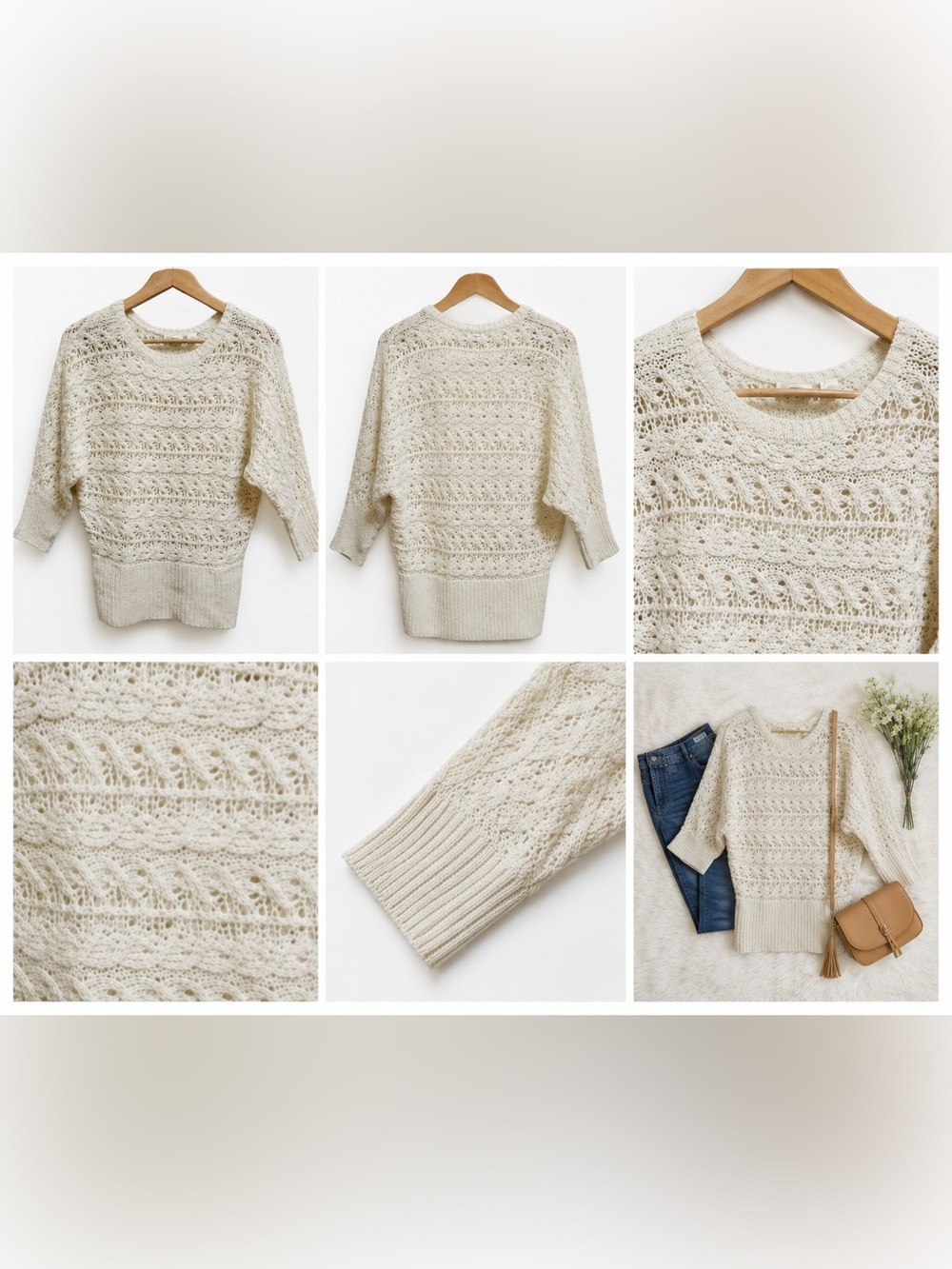 🩷. Women’s Cream Open-Weave Scoop Neck Sweater